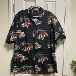 Mens Redhead Black Retro Hotrod Classic Car Button Up short sleeve Shirt L